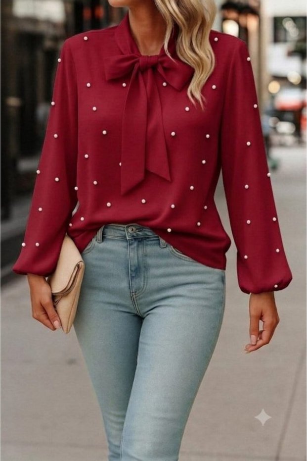 Women's Long-Sleeved Imported Crepe Blouse with Bow Detail and Pearl Embellishments