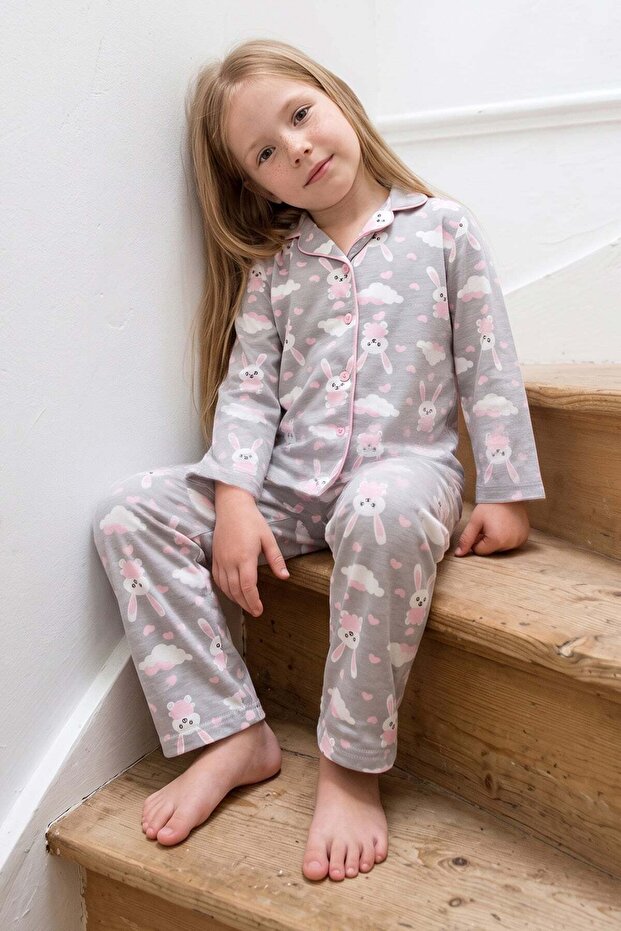Rabbit Patterned Buttoned Sleeping Band Girls' 3-Piece Pajama Set