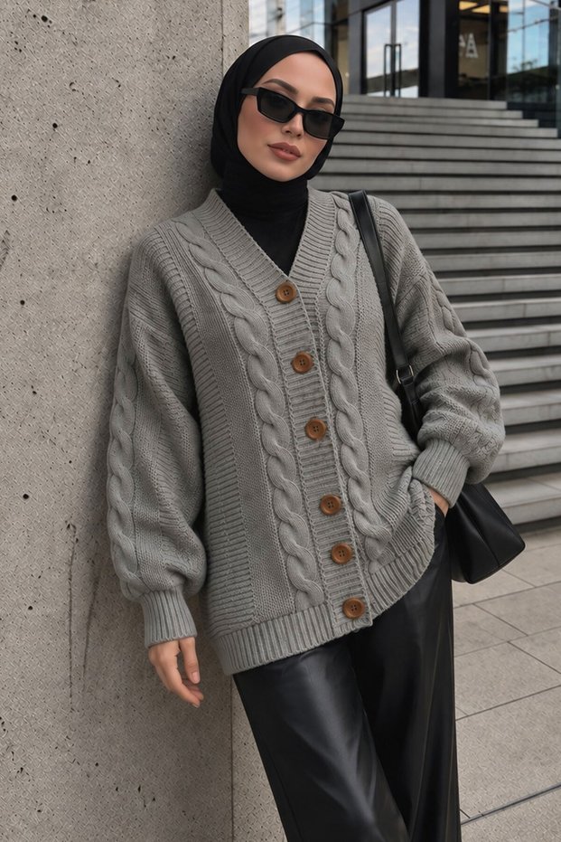 V-Neck Hair Braid Detailed Knitwear Cardigan Tsd260296 Gray