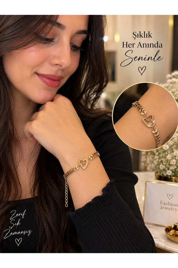 Women's Gold Heart Figured Chain Bracelet – Stylish and Elegant Jewelry Accessory – Valentine's Day Gift for Your Loved One or Mother's Day Gift