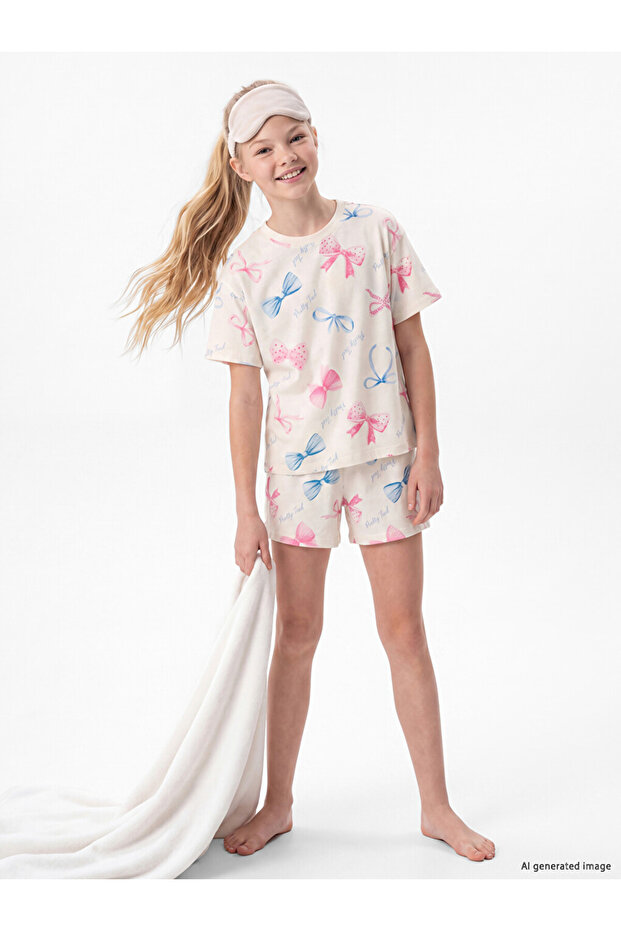 Özmarka New Season Ecru Printed Girls' Shorts Pajama Set
