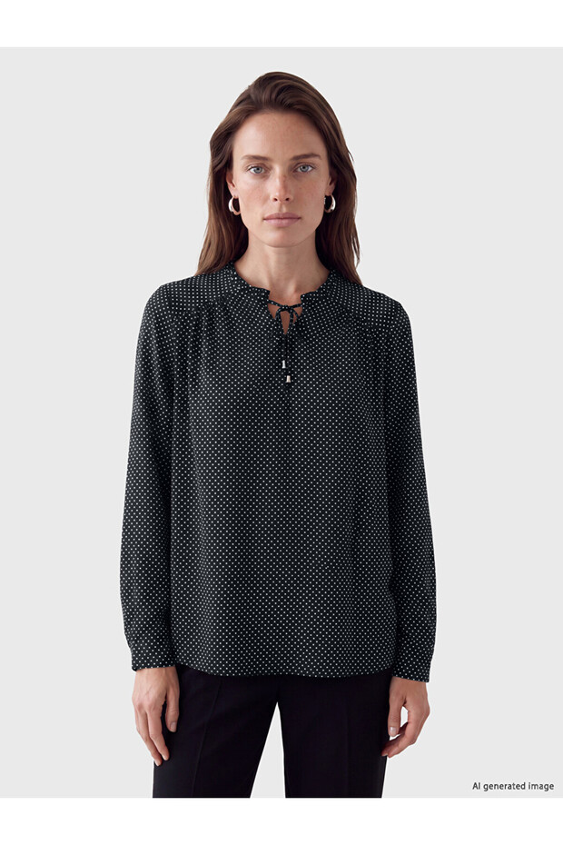 Özmarka New Season Black Tie-Neck Polka Dot Blouse