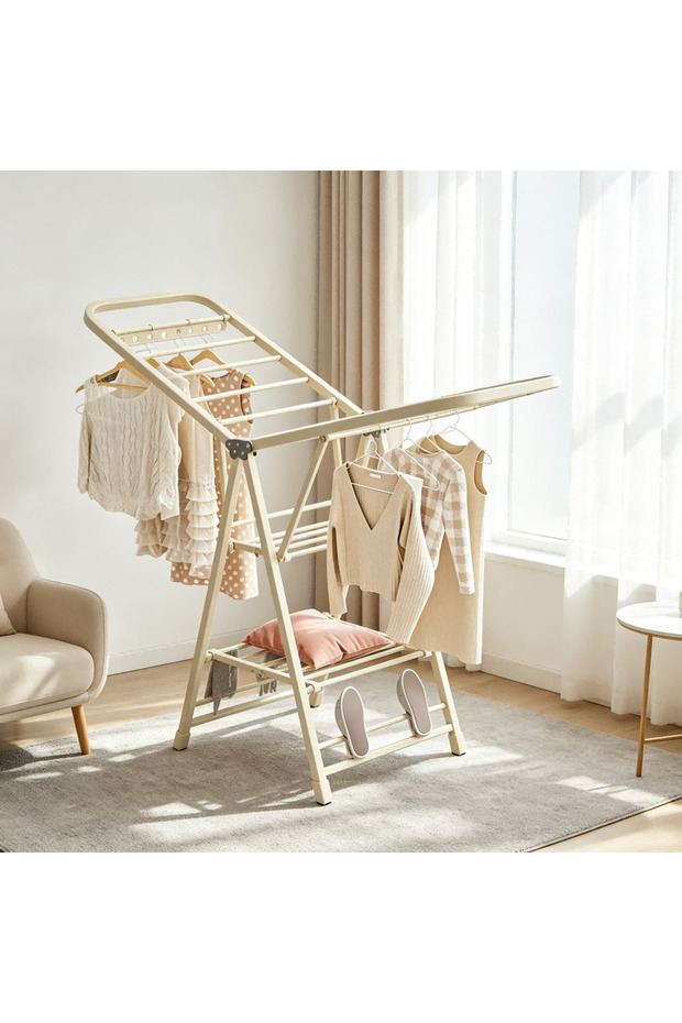 160cm Cream White Foldable Wing Clothes Drying Rack with Multi‑Layer Shelves, Space‑Saving Folding Design for Apartment Laundry Use