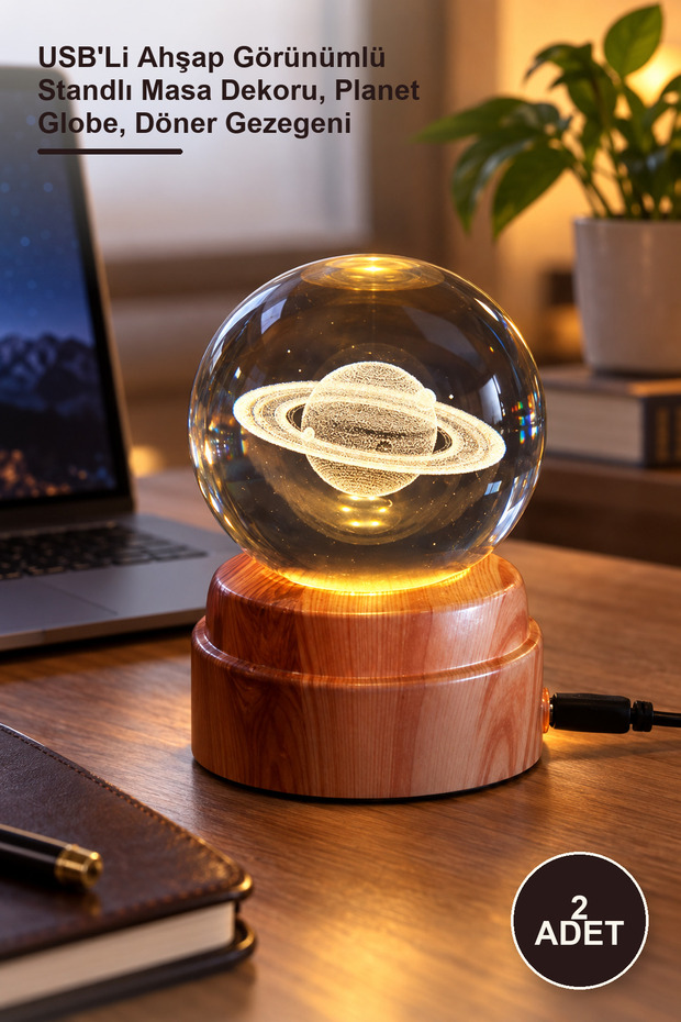 2 Saturn Design Rotating Glass Globes – Tabletop Decor with Wooden Look Stand with Usb, Planet Globe, Revolving Planet