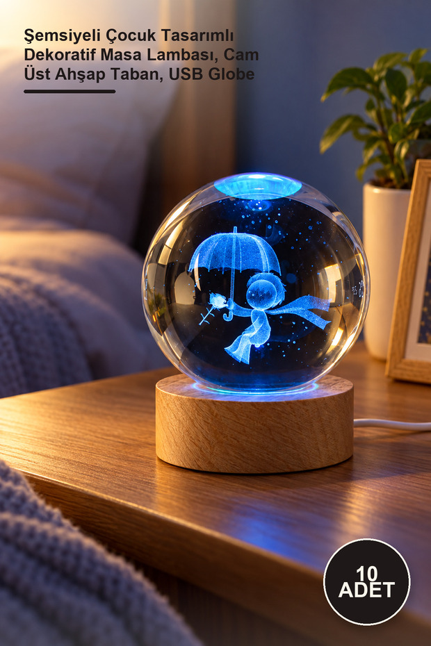 10 Color Changing USB Glass Globes – Decorative Table Lamp with Umbrella-Style Child-Friendly Design, Glass Top Wooden Base, USB Globe