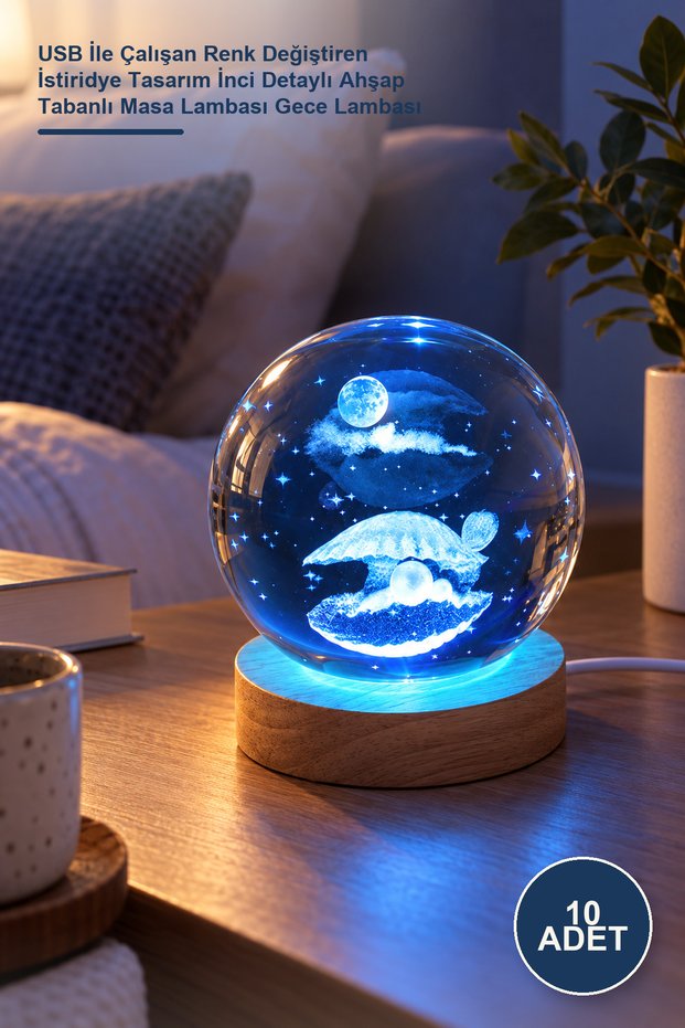 10 Pieces of Crystal Glass Globe Lights - USB Powered Color Changing Oyster Design Pearl Detailed Wooden Base Table Lamp Night Light