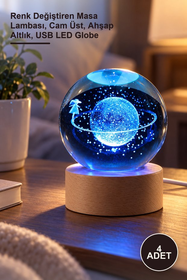 4 Saturn Girl Glass Globes – Color Changing Table Lamp, Glass Top, Wooden Base, USB Led Globe