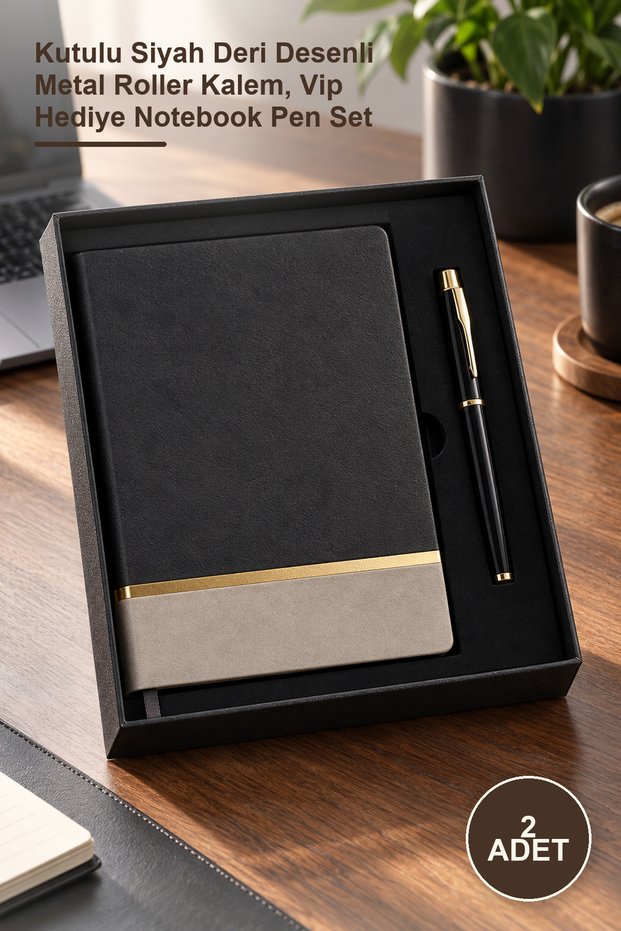 2-Piece Notebook and Pen Set – Boxed Black Leather Patterned Metal Rollerball Pen, Vip Gift Notebook Pen Set