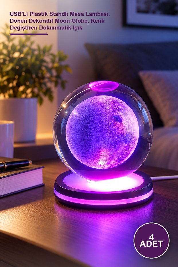 4 Pieces Full Moon Rotating Glass Globe - Table Lamp with USB Plastic Stand, Rotating Decorative Moon Globe, Color Changing Touch Light