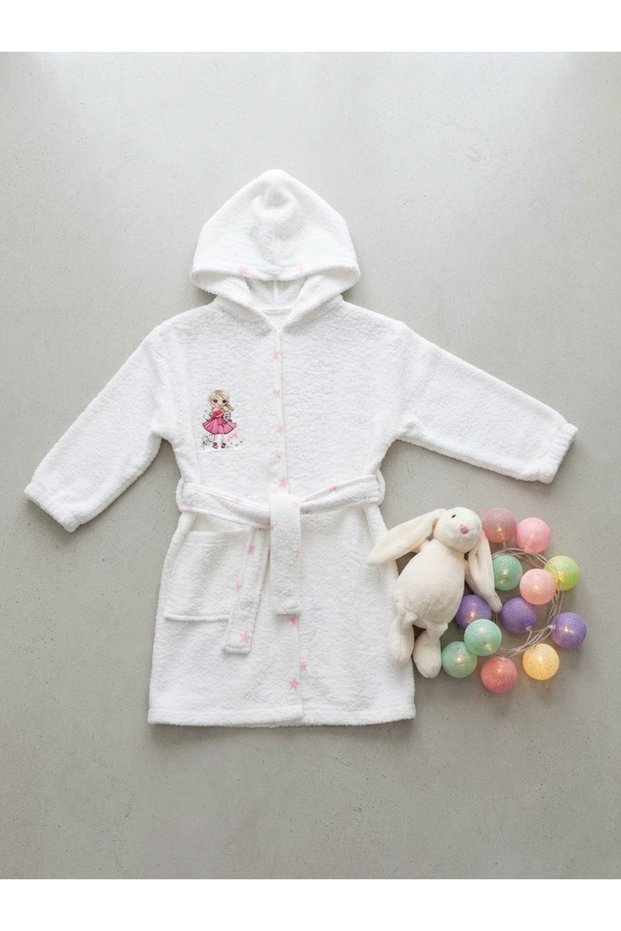 Girl's White Hooded Bathrobe with Star Detail