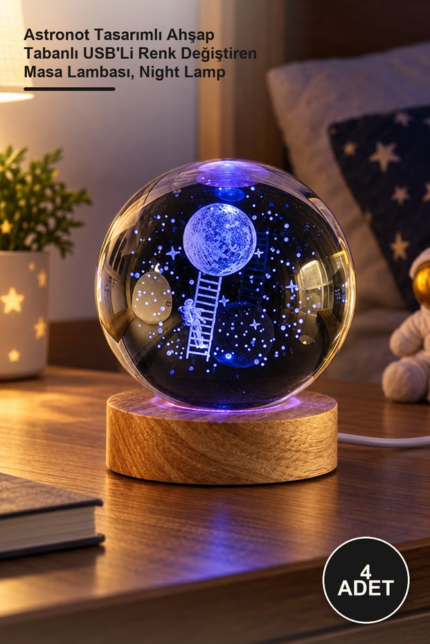 4 Pieces Glass Globe Night Light – Astronaut Design Wooden Base USB Color Changing Table Lamp, Night Lamp
