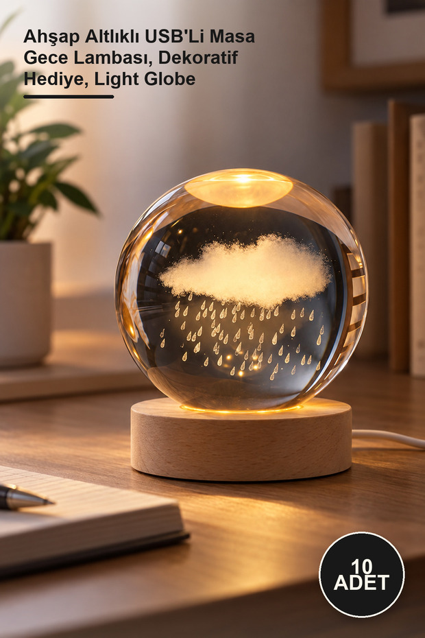 10 Pieces of Illuminated Glass Globes with Cloud and Rain Design – USB Table Night Light with Wooden Base, Decorative Gift, Light Globe