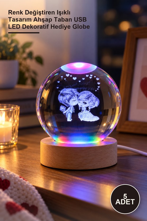 5 Pieces Glass Globe Night Light – Color Changing Illuminated Design Wooden Base USB Led Decorative Gift Globe