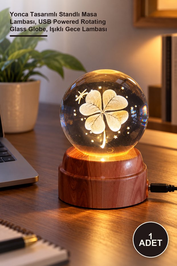 1 Piece Rotating Glass Globe with USB – Clover Design Table Lamp with Stand, USB Powered Rotating Glass Globe, Illuminated Night Light