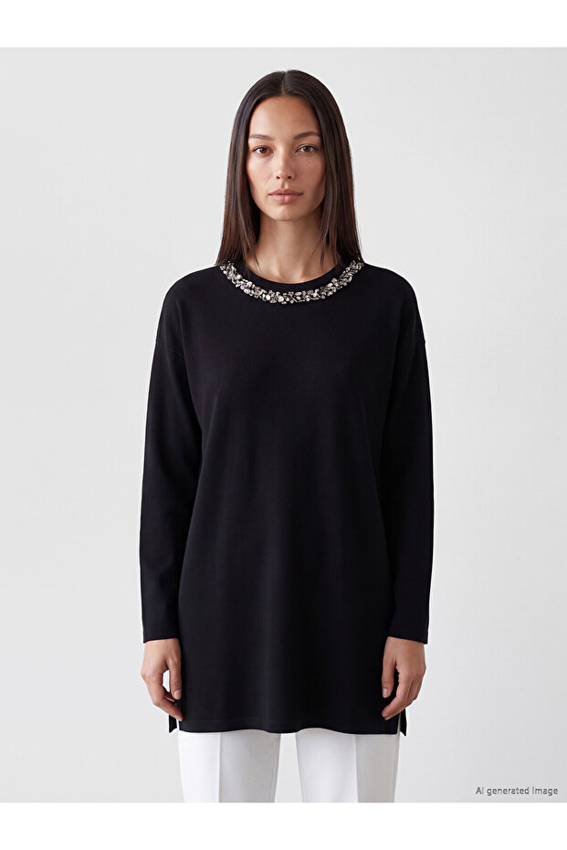 Two Mt Shop Quality Lcw Everyday Black Diving Fabric Oversized Women's Sweatshirt Tunic with Stones