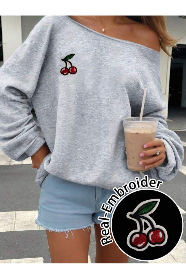Women's Gray Cherry Printed Boat Neck Sweatshirt