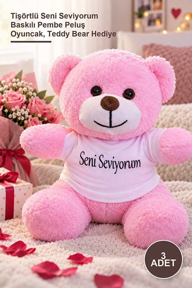 3 Plush Teddy Bears – Pink Plush Toy with I Love You Printed on T-Shirt, Teddy Bear Gift