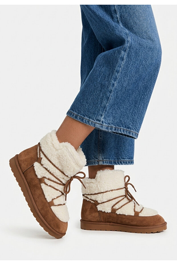 Ceko Exclusive Tan Fur Suede Lace-Up Women's Boots