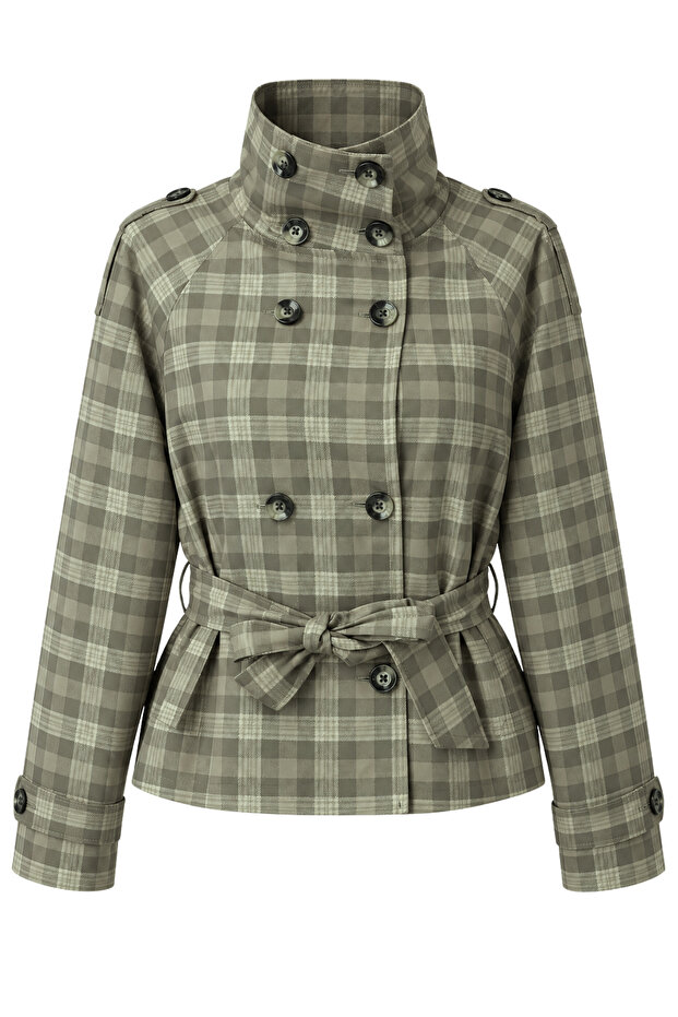 4975 Women's Plaid Patterned Belted Short Trench Coat Khaki