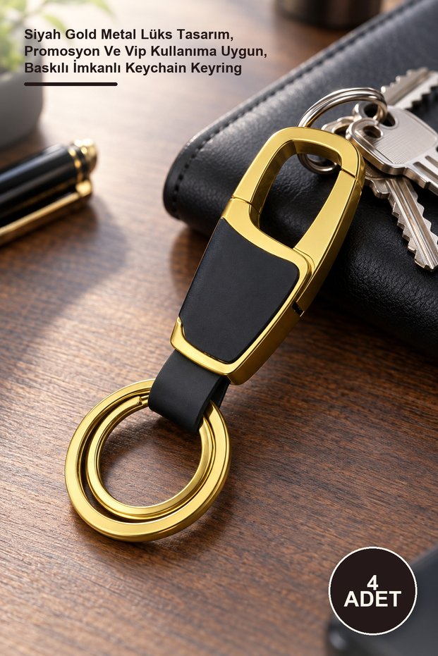 4 Pieces of Keychains – Black Gold Metal Luxury Design, Suitable for Promotional and Vip Use, Printable Keychain Keyring