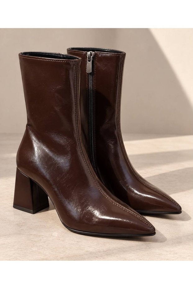 Women's Brown Pointed Toe Zippered Thick Heeled Stylish Boots
