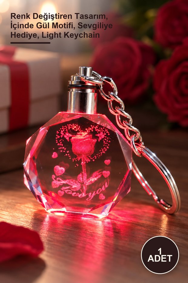 1 Piece I Love You Lighted Crystal Keychain – Color Changing Design, Rose Motif Inside, Gift for Your Loved One, Light Keychain