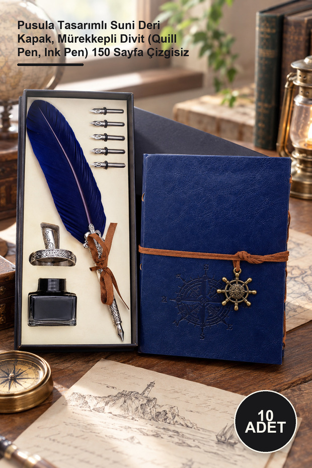 10-Piece Leather Notebook and Quill Pen Set – Compass-Designed Faux Leather Cover, Quill Pen, 150 Unlined Pages