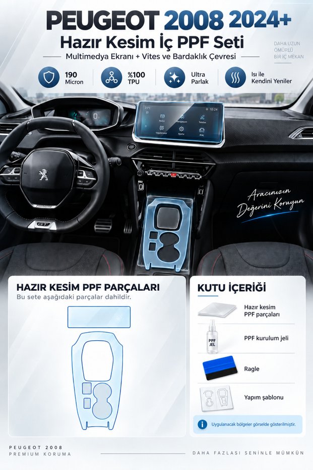 Peugeot 2008 Ready-Cut Interior Ppf Coating Set – Multimedia Screen, Gear Shift, and Cup Holder Surround Protection Film 100% Tpu Ultra Glossy