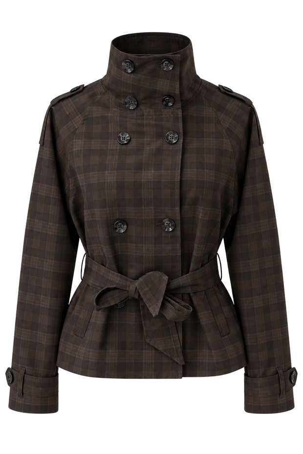 4975 Women's Plaid Patterned Belted Short Trench Coat Brown
