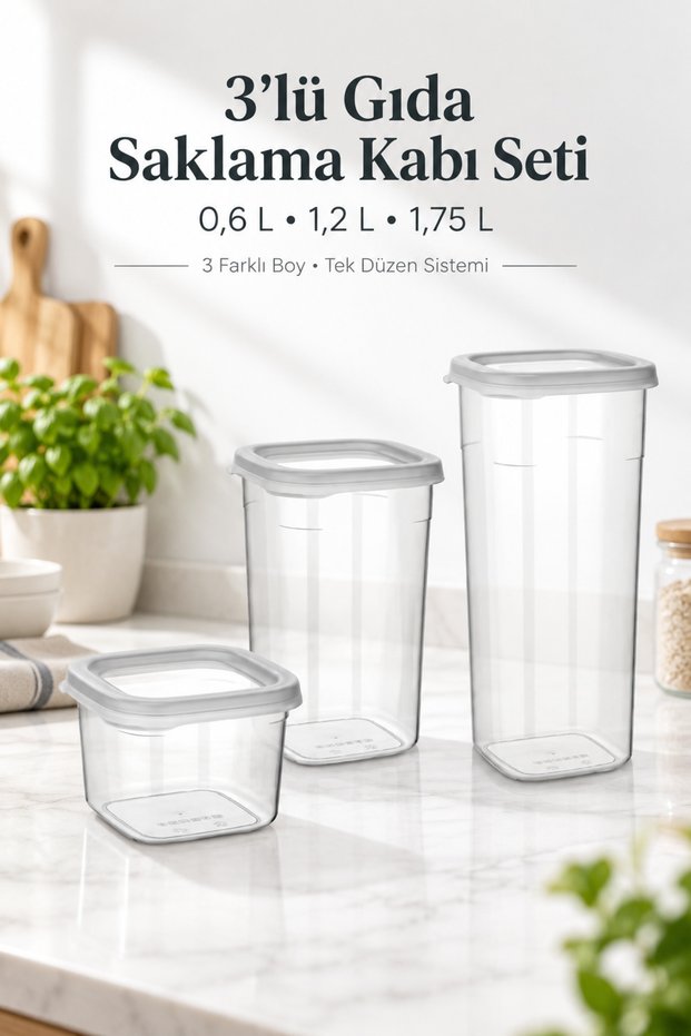 3-Piece Food Storage Container Set 0.6 L + 1.2 L + 1.75 L Transparent Kitchen and Food Storage Containers