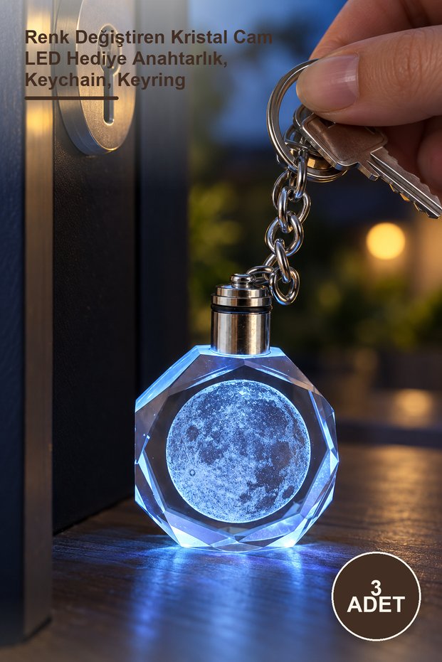 3 Pieces Full Moon Design Illuminated Crystal Keychain – Color Changing Crystal Glass Led Gift Keychain, Keychain, Keyring