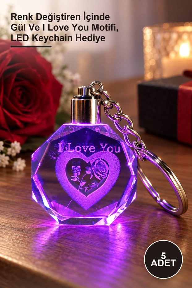 5 Pieces of Light-Up Crystal Keychains – Color-Changing with Rose and I Love You Motif Inside, Led Keychain Gift