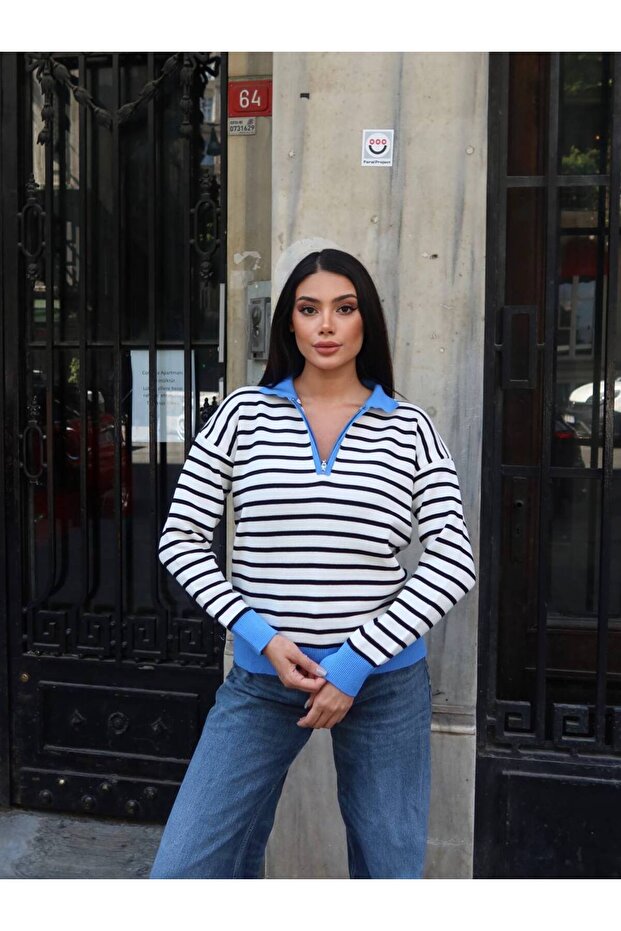 Polo Collar Striped Half-Zip Knit Sweater