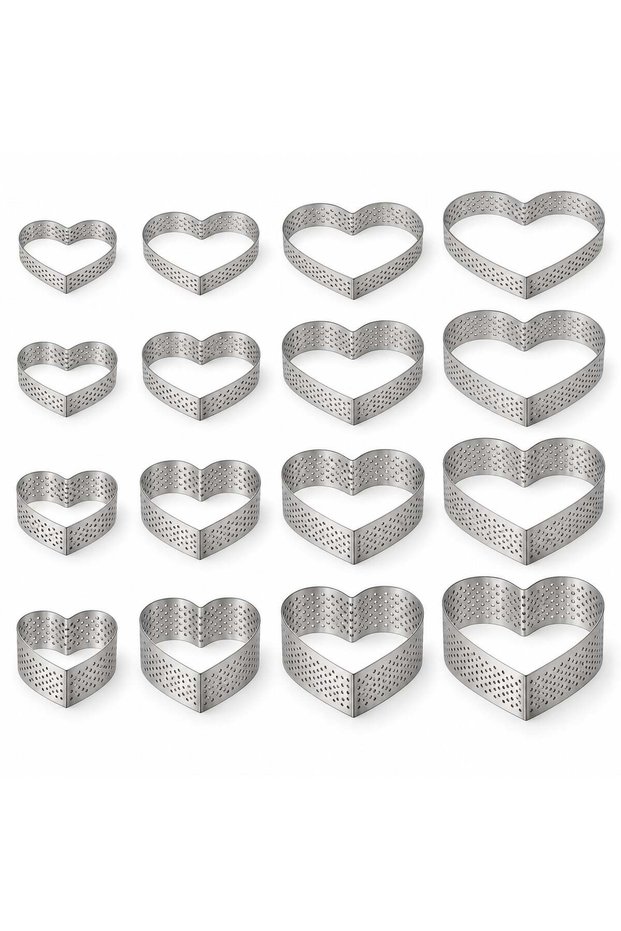 Tart Circle with Heart Hole, Height 2 Cm, Set of 8, Ø7 - Ø14 cm