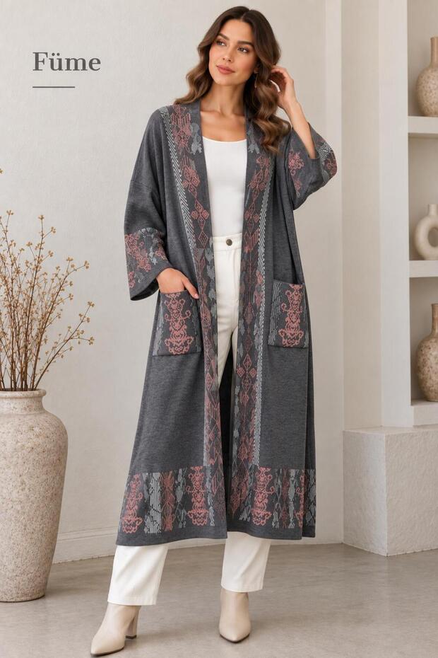 Women's Ethnic Patterned Oversized Long Knitwear Kimono Cardigan