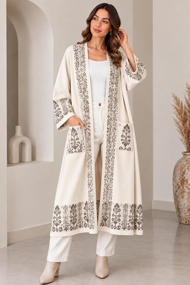 Women's Ethnic Patterned Oversized Long Knitwear Kimono Cardigan