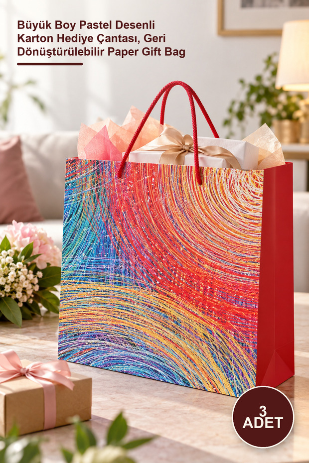 3 Pieces of Cardboard Bags with Drawstrings – Large Size Pastel Patterned Cardboard Gift Bag, Recyclable Paper Gift Bag