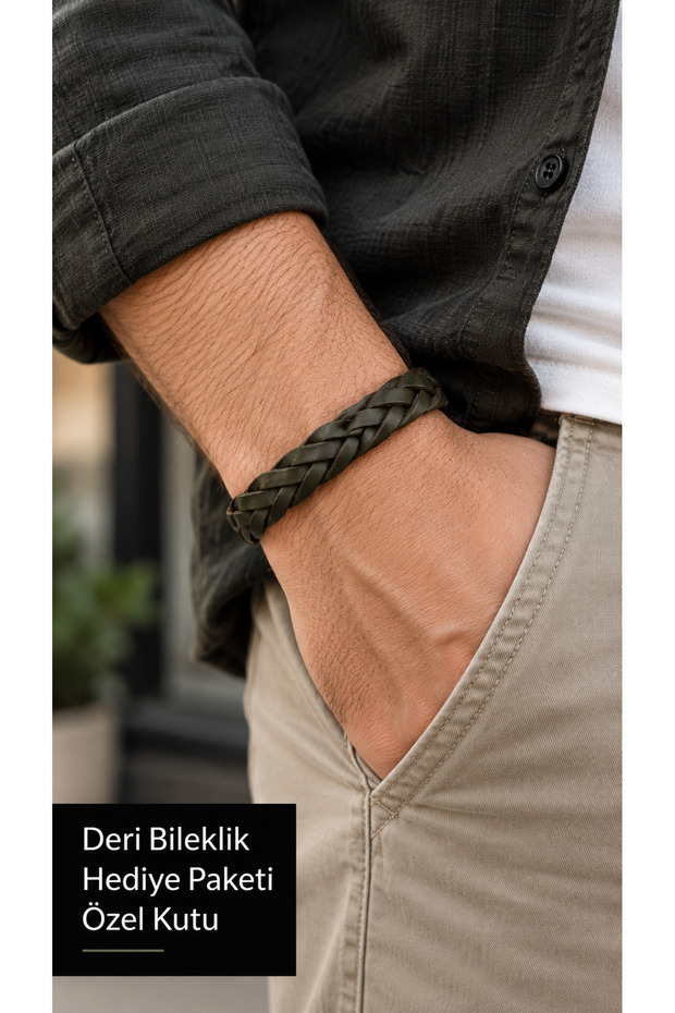 Orsenha Fernloop Khaki Green Leather Men's Bracelet - Double Layer Thick Weave and Metal Clasp