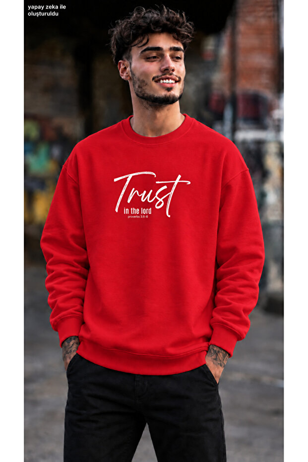 Men's Trust in the Lord Written Calligraphic Graphic Printed Crew Neck Casual Regular Fit Sweatshirt