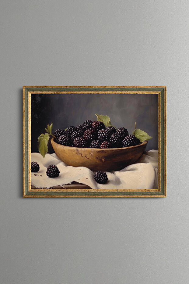 Blackberries in a Wooden Bowl - Vintage Patterned Painting - Fine Model