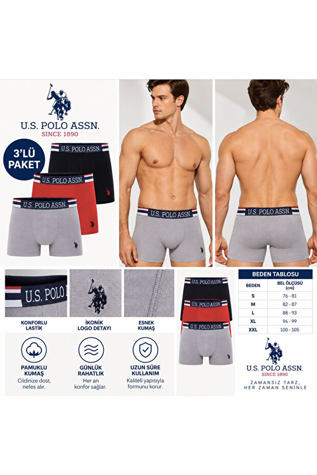 Men's (Grey-Red-Navy Blue) 3-Piece Boxers (Boxed)