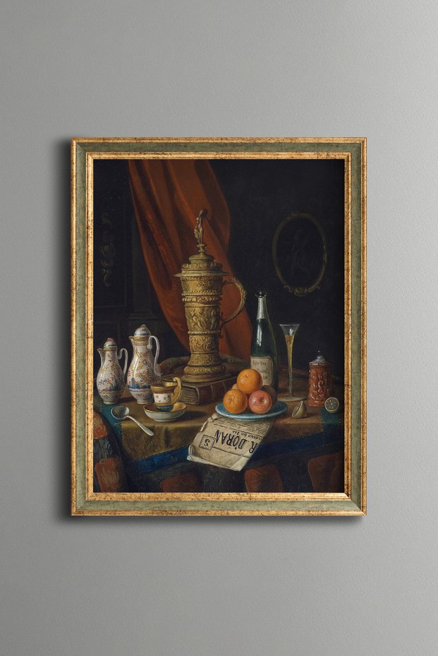 Still Life with Ornate Jug and Fruits - Vintage Patterned Painting - Fine Model