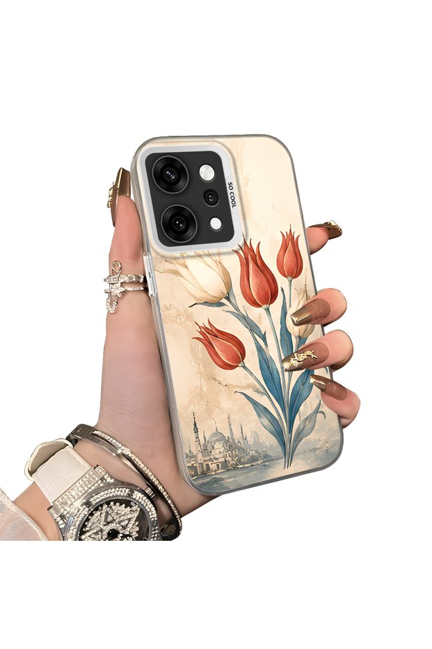 Oppo Reno 14 Pro 5g Compatible Silicone Edge Hard Back Case Tulip Pattern Couple Phone Case