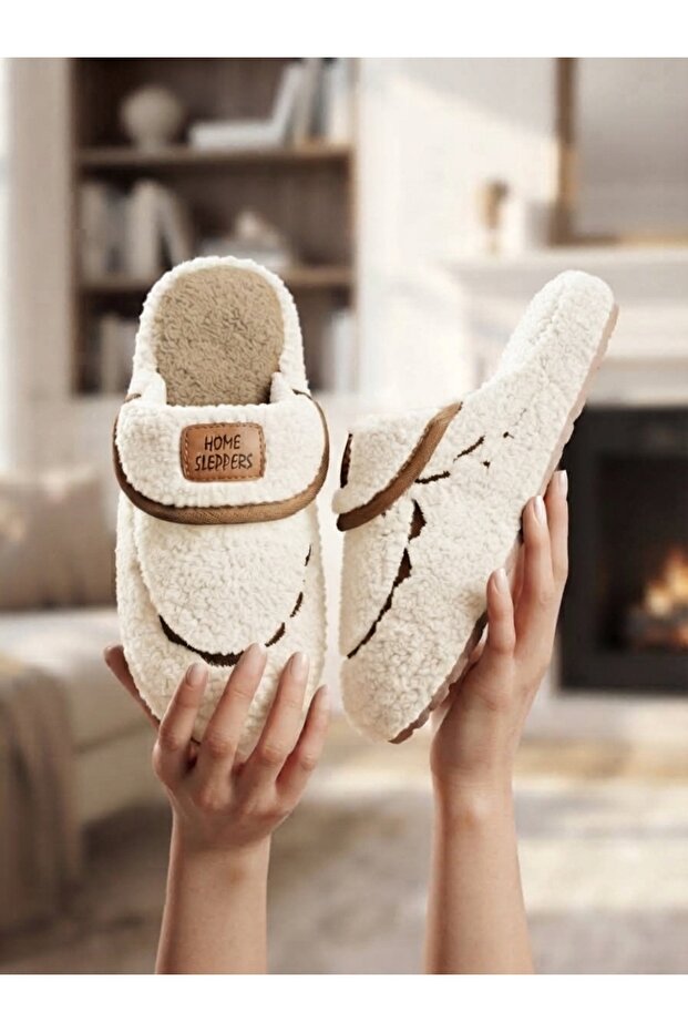 Women's House Slippers | Wool Plush Slippers | Patterned Half-Closed Lightweight Non-Slip Sole