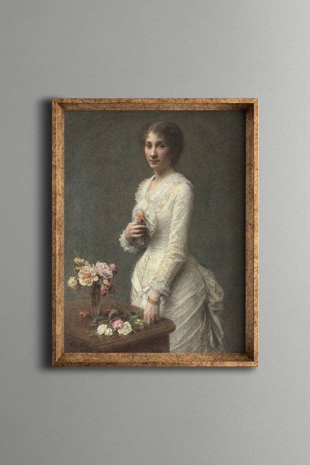 Elegant Woman in White Dress - Vintage Patterned Painting - Slim Model
