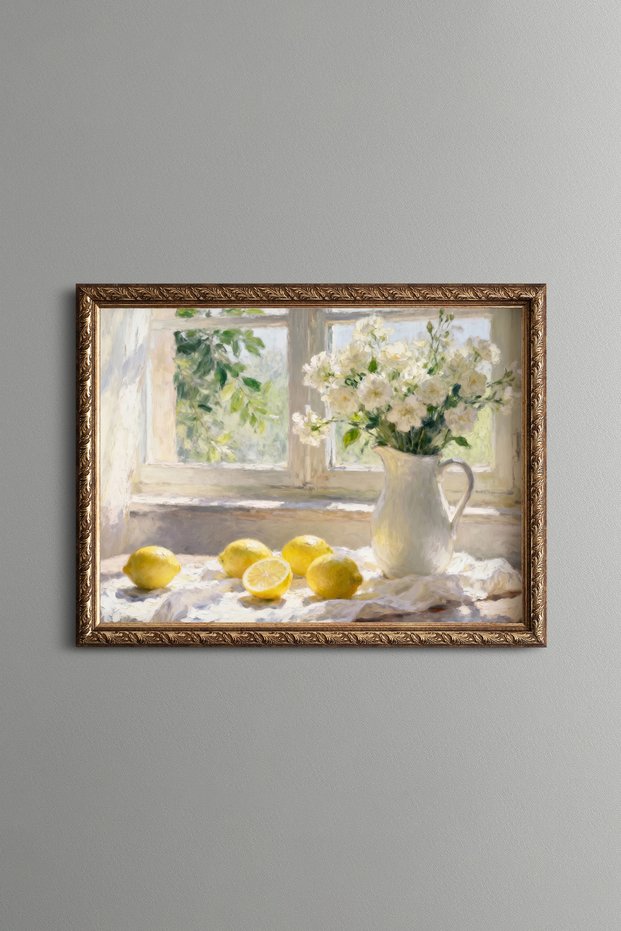 Lemons and White Flowers in Front of the Window - Vintage Patterned Painting - Fine Model