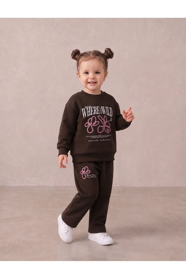 Simit Yaka Embossed Floral Printed Sweatshirt/Embossed Floral Printed Wide Leg Sweatpants 3 Threaded Drawstring Set
