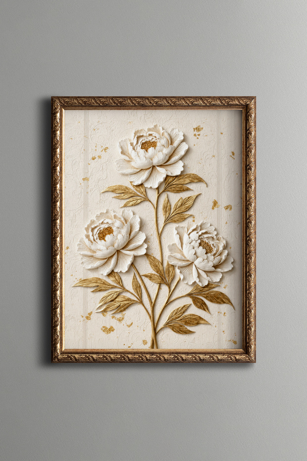 White Peonies with Golden Leaves - Vintage Patterned Painting - Fine Model