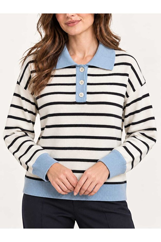 Asez Boutique Collar Buttoned Striped Long Sleeve Regular Fit Knitwear Sweater