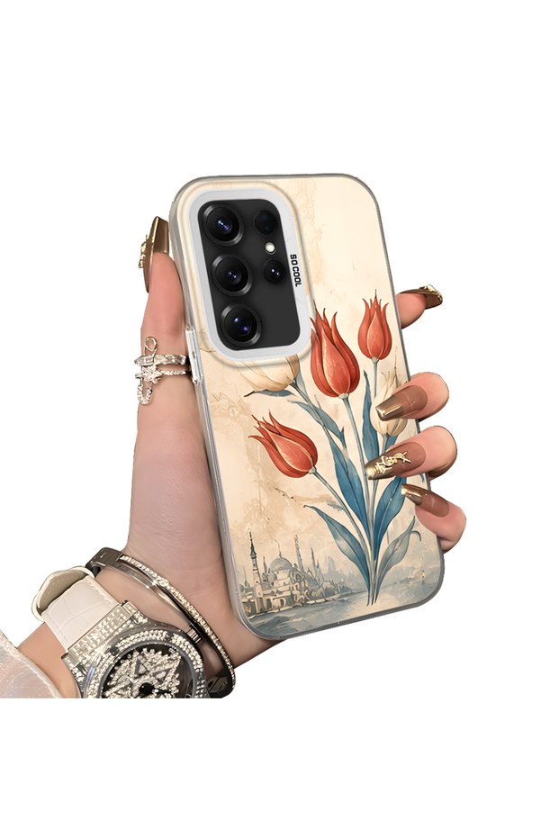 Samsung Galaxy S25 Ultra Compatible Silicone Edge Hard Back Case Tulip Patterned Couple Phone Case